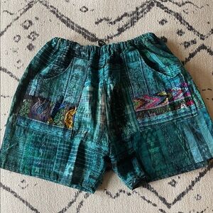 Guatemalan Patchwork Embroidered Boho Overdyed Handmade Shorts, Size XL